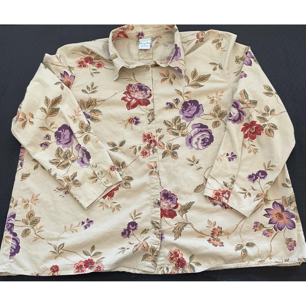 Cascade Blues Shirt Womens 2X Floral Button‎ Up Long Sleeve Vintage Style Top